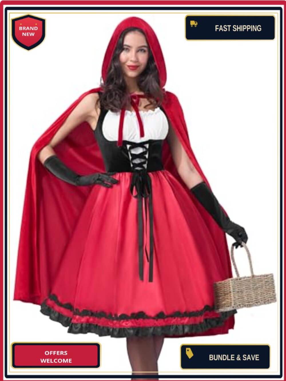 Little Red Riding Hood Costume Velvet Hooded Cape Dress Gloves